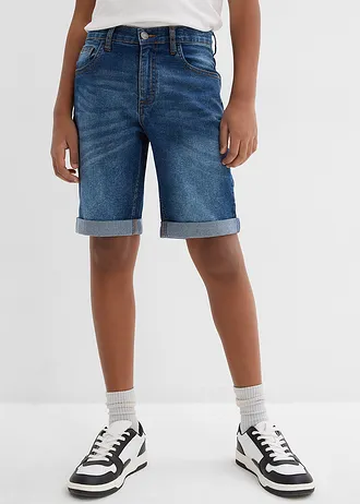 Bermudy jeansowe chłopięce ze stretchem, z regulowanym paskiem, slim fit • niebieski denim • sklep bonprix