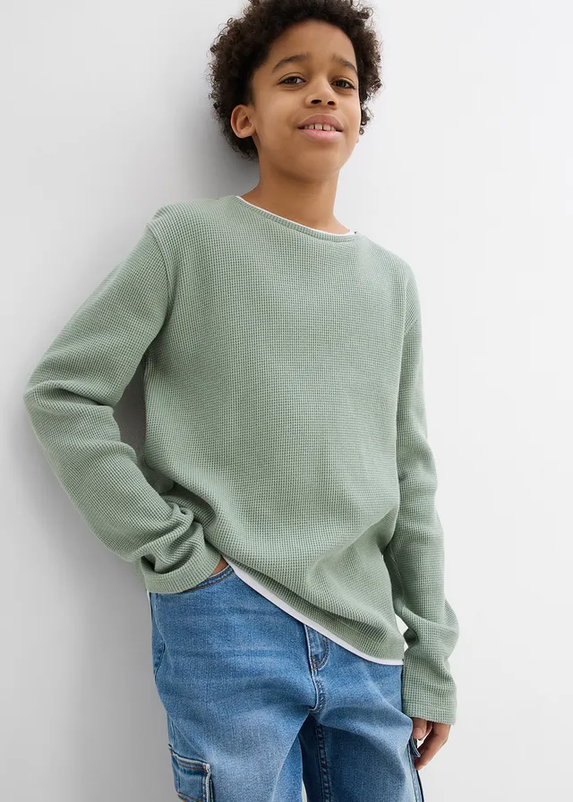 T-shirt manches longues 2 en 1 en coton aspect gaufré, Couleur: vert fumé