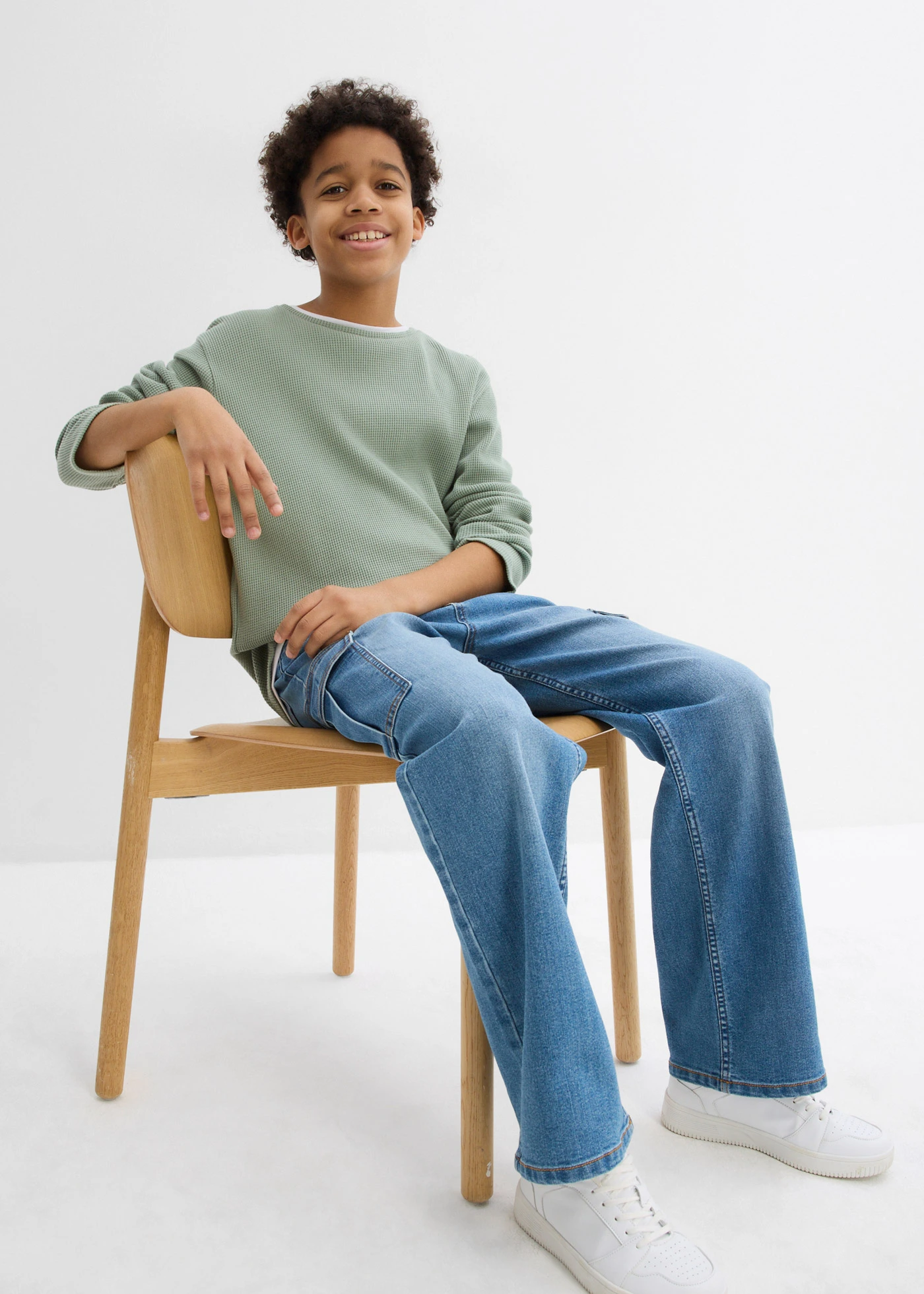 2-in-1 longsleeve van puur katoen met wafelpatroon • rookgroen • bonprix online shop