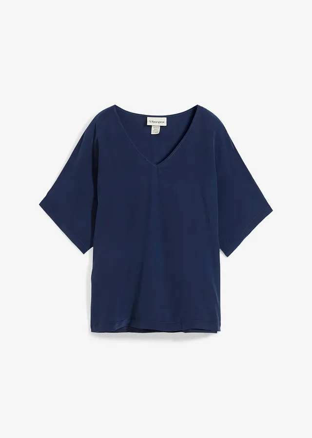 Triko s podílem hedvábí a tkanou vsadkou • tmavě modrá • bonprix obchod