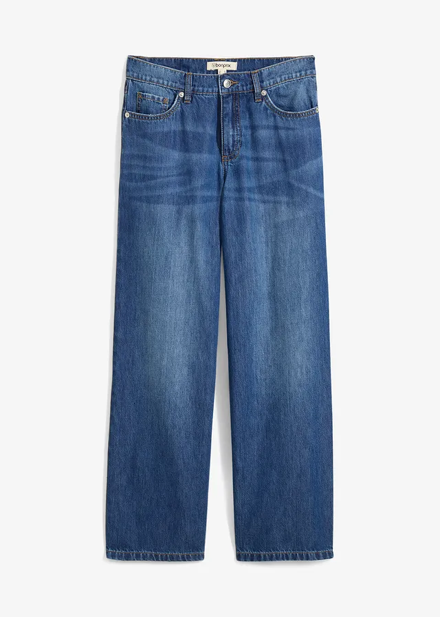 Blugi Mid Waist loose, straight, cropped, culoare: albastru stone uzat