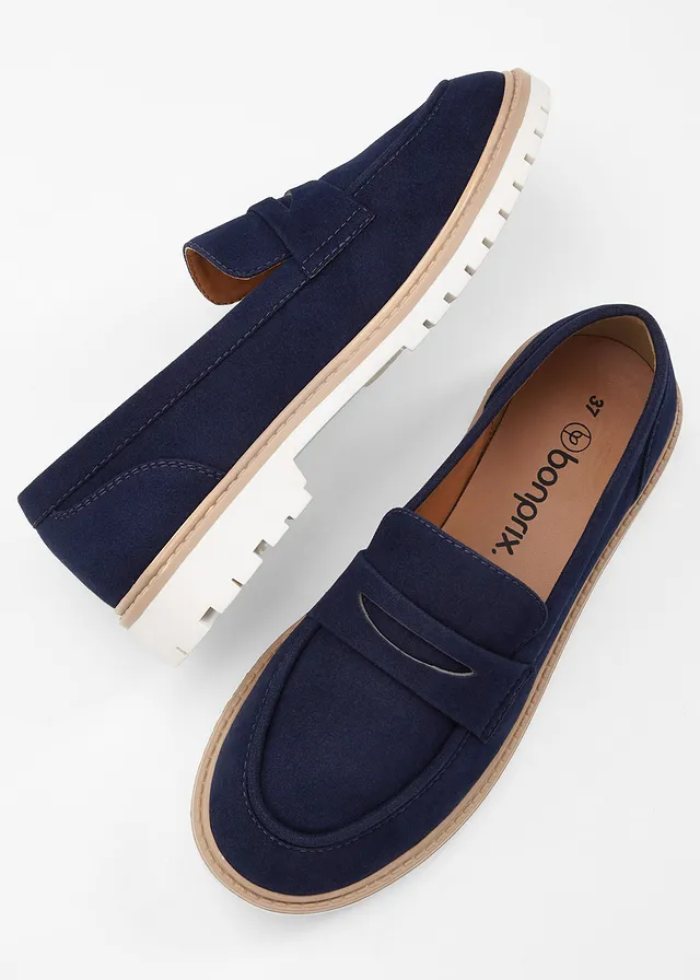 Mocassins chunky à semelle crantée, Couleur: bleu foncé