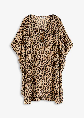 Rochie-tunică de plajă din șifon vaporos, culoare: gri-bej cu imprimeu leo