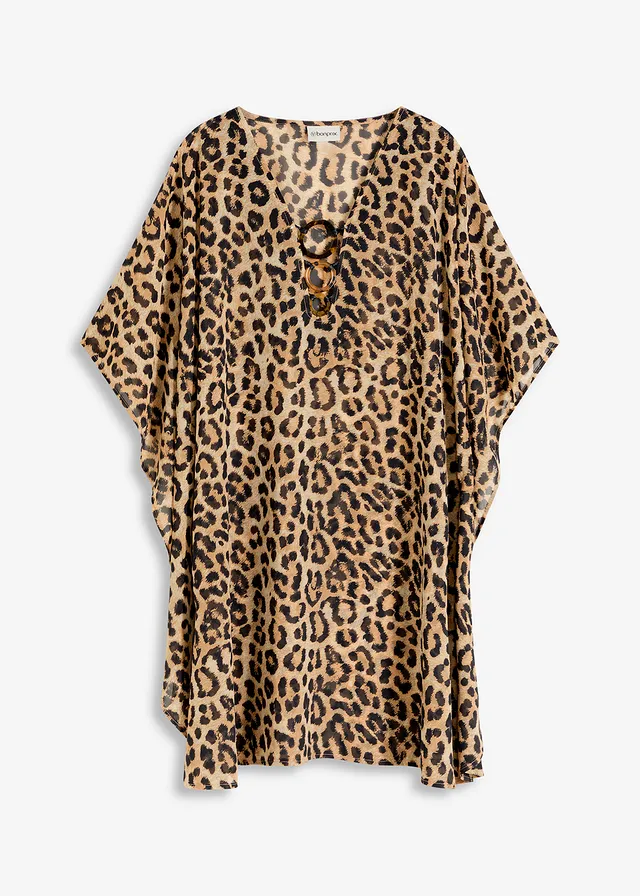 Rochie-tunică de plajă din șifon vaporos • gri-bej cu imprimeu leo • magazin bonprix