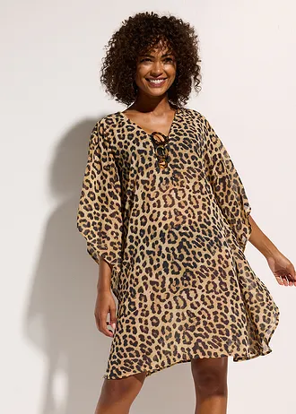Rochie-tunică de plajă din șifon vaporos • gri-bej cu imprimeu leo • magazin bonprix