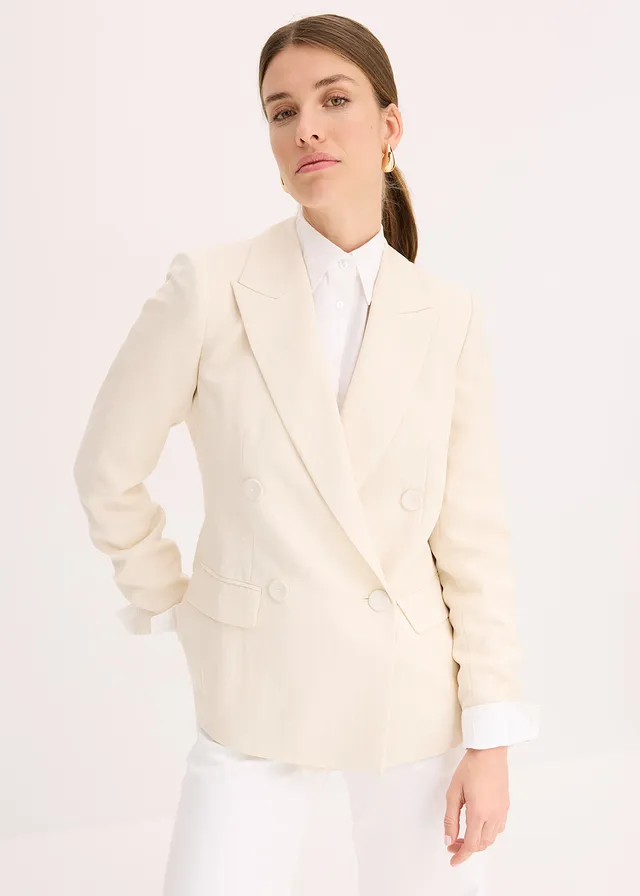 Blazer met lyocell in crincle-look, Kleur: natuurbeige