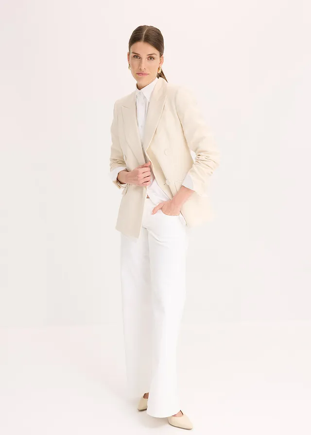Blazer met lyocell in crincle-look, Kleur: natuurbeige