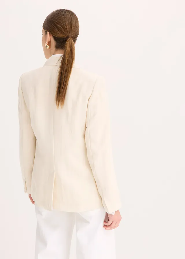 Blazer met lyocell in crincle-look, Kleur: natuurbeige