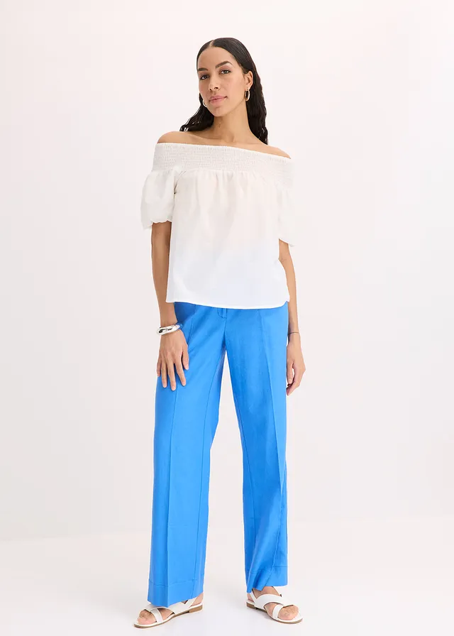 Pantalon palazzo en lin mélangé aérien, Couleur: bleu glacier
