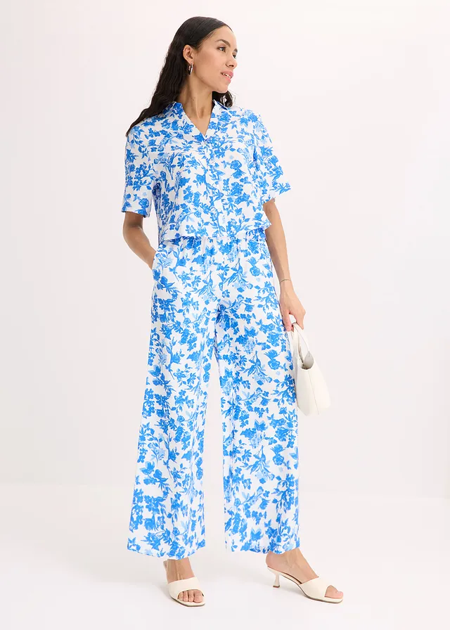 Blouse met korte mouwen in een soepele viscosemix, Kleur: wit gedessineerd
