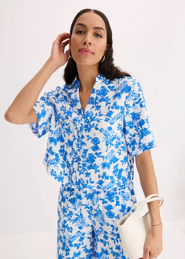 Blouse met korte mouwen in een soepele viscosemix, Kleur: wit gedessineerd