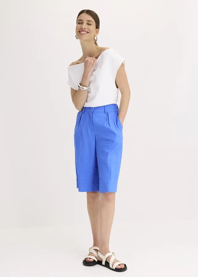 Wijde bermuda van een luchtige linnenmix, Kleur: gletsjerblauw