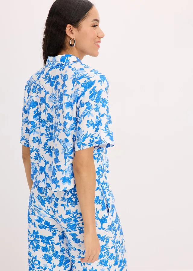 Blouse met korte mouwen in een soepele viscosemix, Kleur: wit gedessineerd