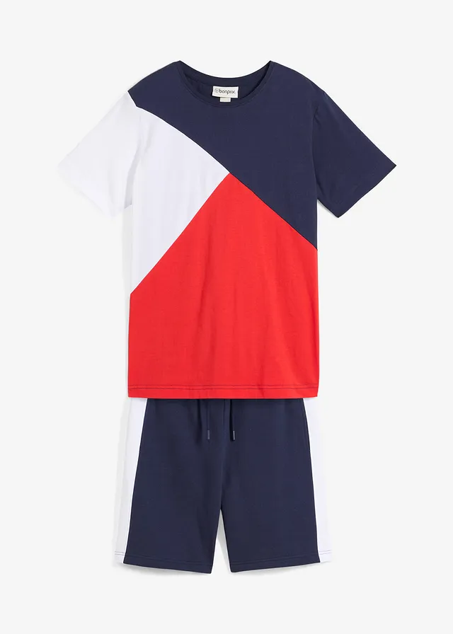 Tricou și bermude casual din bumbac organic 100% (set din 2 buc.) • bleumarin-roșu-căpșună-alb • magazin bonprix
