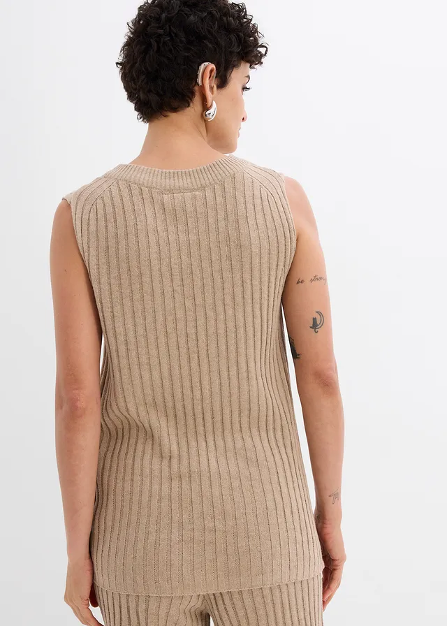 Gebreide top van viscosemix, Kleur: kakibeige