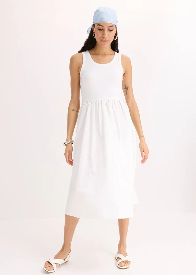 Jersey jurk van een materiaalmix, Kleur: wit