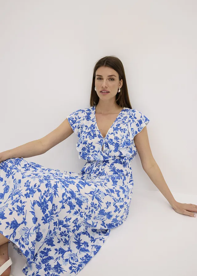 Midi jurk van soepele viscose • wit-gletsjerblauw gebloemd • product-page.page-title-suffix