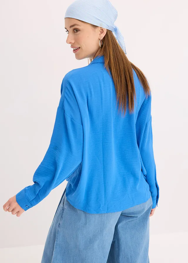 Blouse van licht crêpe, Kleur: gletsjerblauw