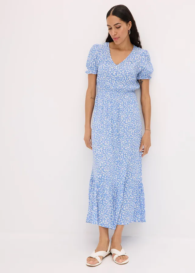Robe longue 100% viscose, Couleur: bleu/blanc floral