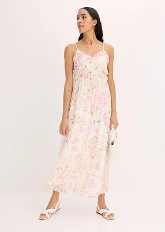 Maxi šaty z jemné síťoviny • krémová s květy • bonprix obchod