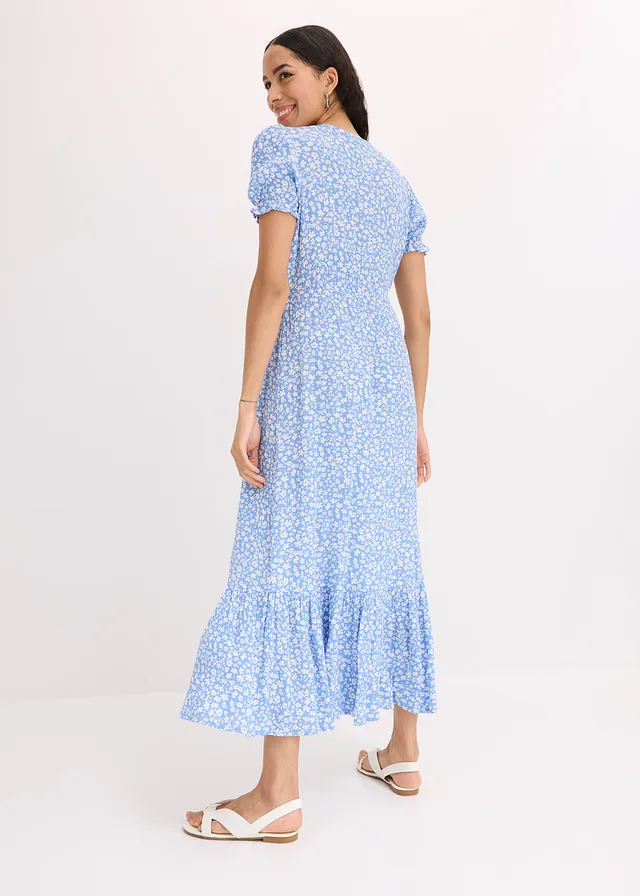 Robe longue 100% viscose, Couleur: bleu/blanc floral