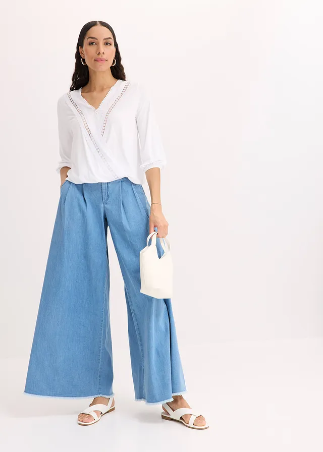 Shirt met 3/4 mouwen en kant in een wikkelllook wit