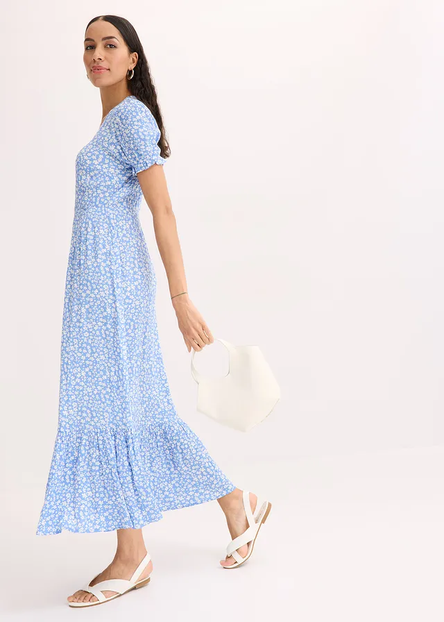 Robe longue 100% viscose, Couleur: bleu/blanc floral