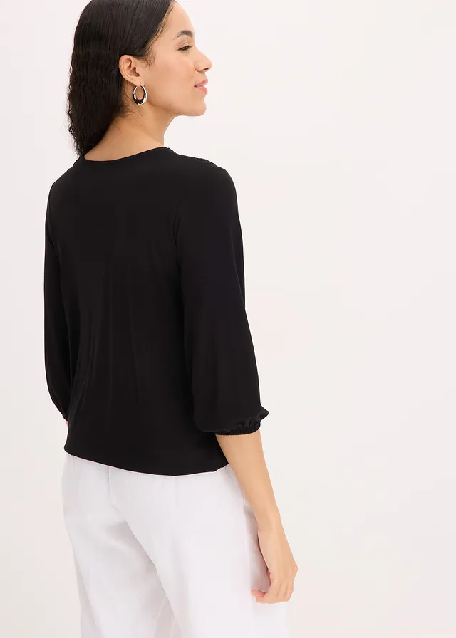 Shirt met 3/4 mouwen en kant in een wikkelllook • zwart • product-page.page-title-suffix