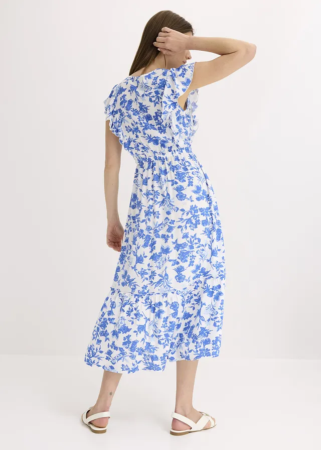 Robe midi en viscose fluide, Couleur: blanc/bleu