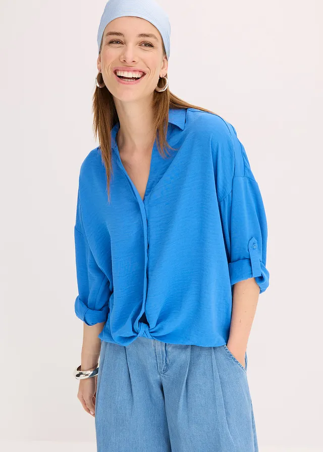 Blouse van licht crêpe, Kleur: gletsjerblauw