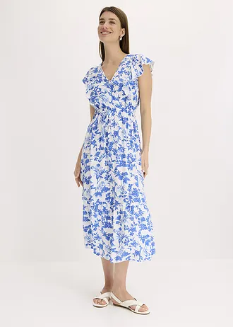 Midi jurk van soepele viscose, Kleur: wit-gletsjerblauw gebloemd