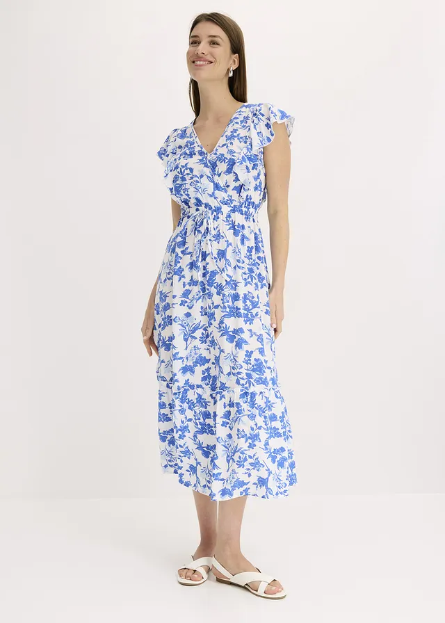 Robe midi en viscose fluide, Couleur: blanc/bleu