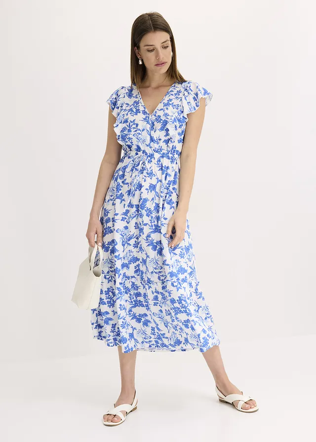 Robe midi en viscose fluide, Couleur: blanc/bleu