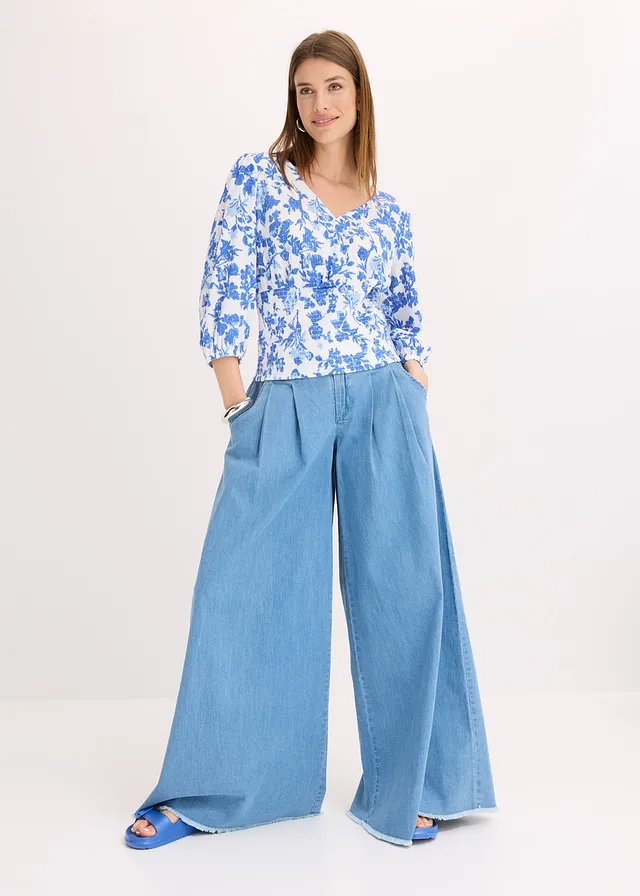 T-shirt smocké blanc-bleu glacier imprimé