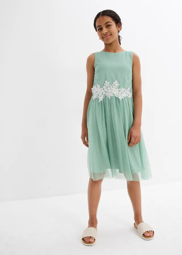 Midi jurk met kant, Kleur: pastelgroen