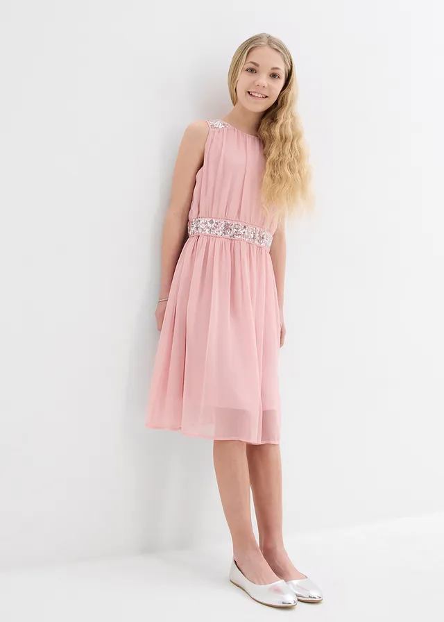 Chiffon meisjes jurk met paillettenband, Kleur: soft roze