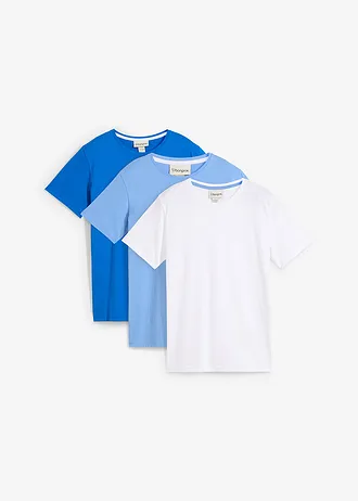 Lot de 3 T-shirts coton, Couleur: bleu azur + bleu moyen + blanc