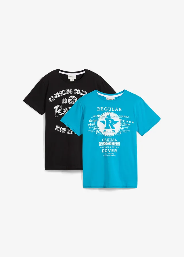 Jongens T-shirt (set van 2) van biologisch katoen, Kleur: donkerturkoois+zwart