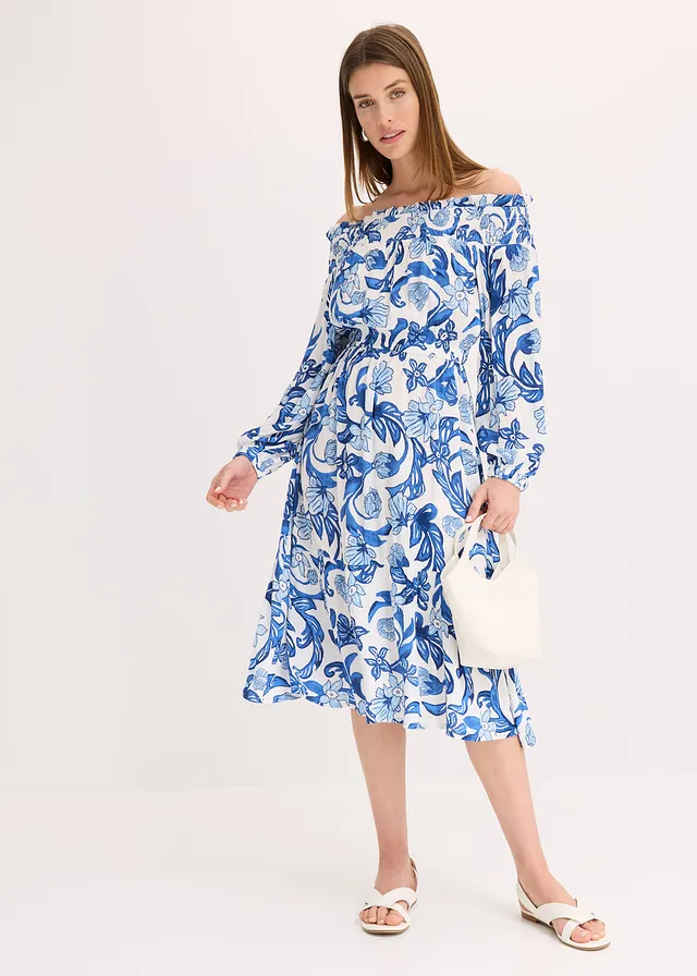 Carmen jurk van gestructureerde viscose, Kleur: wit-gletsjerblauw gebloemd
