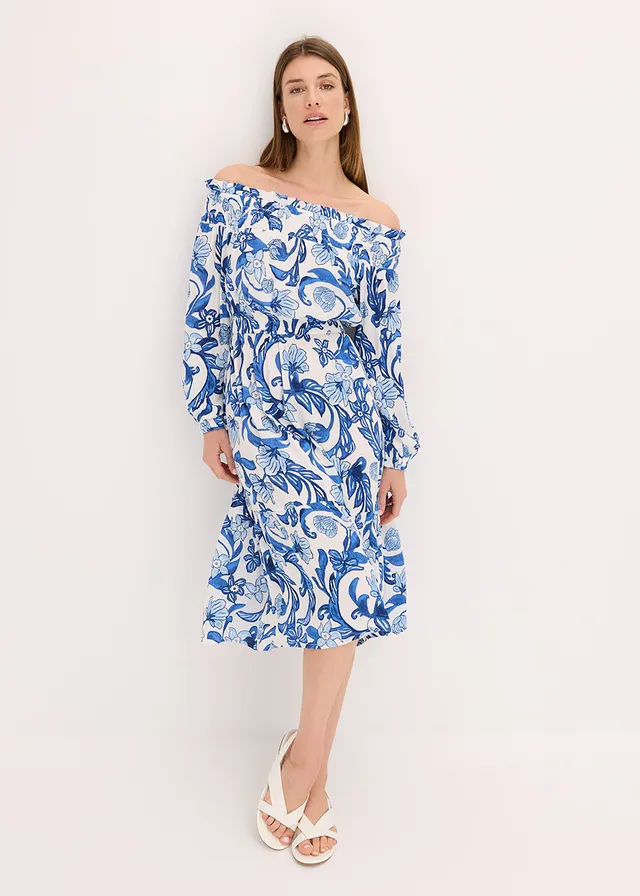 Robe à col Bardot en viscose texturée, Couleur: blanc/bleu glacier floral