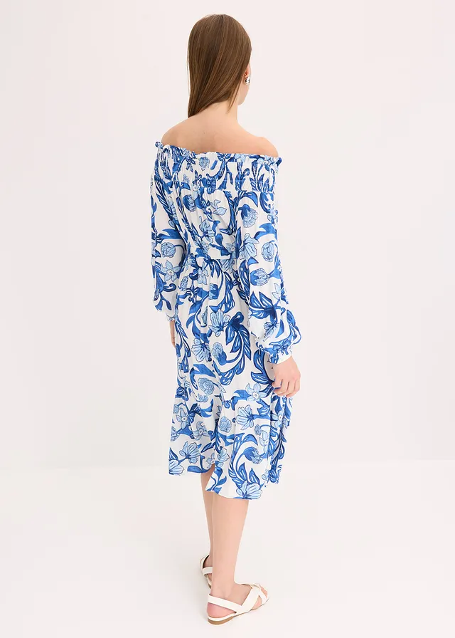 Robe à col Bardot en viscose texturée, Couleur: blanc/bleu glacier floral