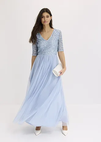 Maxi jurk met paillettenborduursel, Kleur: blauw poudre