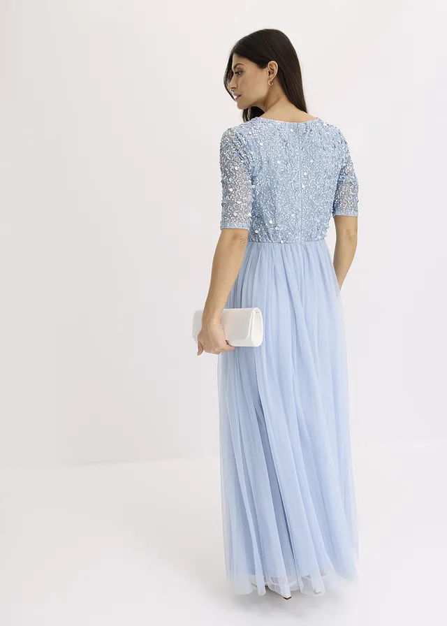 Rochie de seară din tul delicat, brodată cu paiete • albastru pudrat • magazin bonprix