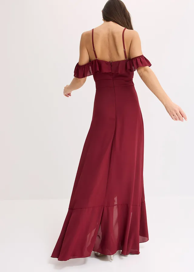 Robe encolure Bardot à volants, Couleur: rouge rubis
