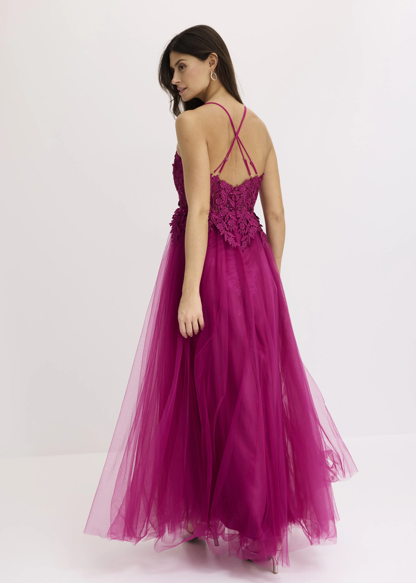 Robe longue en tulle délicat avec dentelle • fuchsia • Boutique bonprix