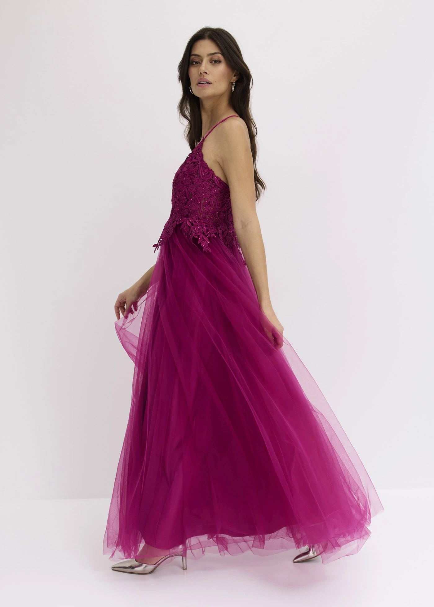 Robe longue en tulle délicat avec dentelle • fuchsia • Boutique bonprix
