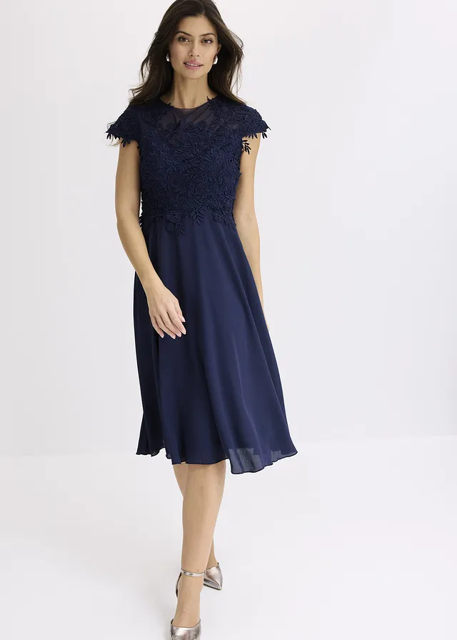 Robe midi en tulle délicat avec dentelle, Couleur: bleu foncé