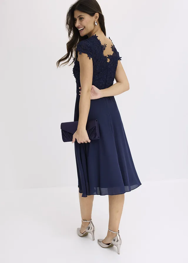 Robe midi en tulle délicat avec dentelle, Couleur: bleu foncé