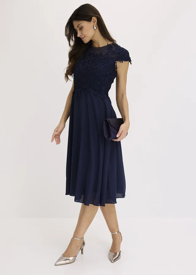 Robe midi en tulle délicat avec dentelle, Couleur: bleu foncé