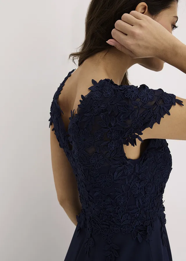 Midi jurk van delicate tule met kant • donkerblauw • bonprix online shop